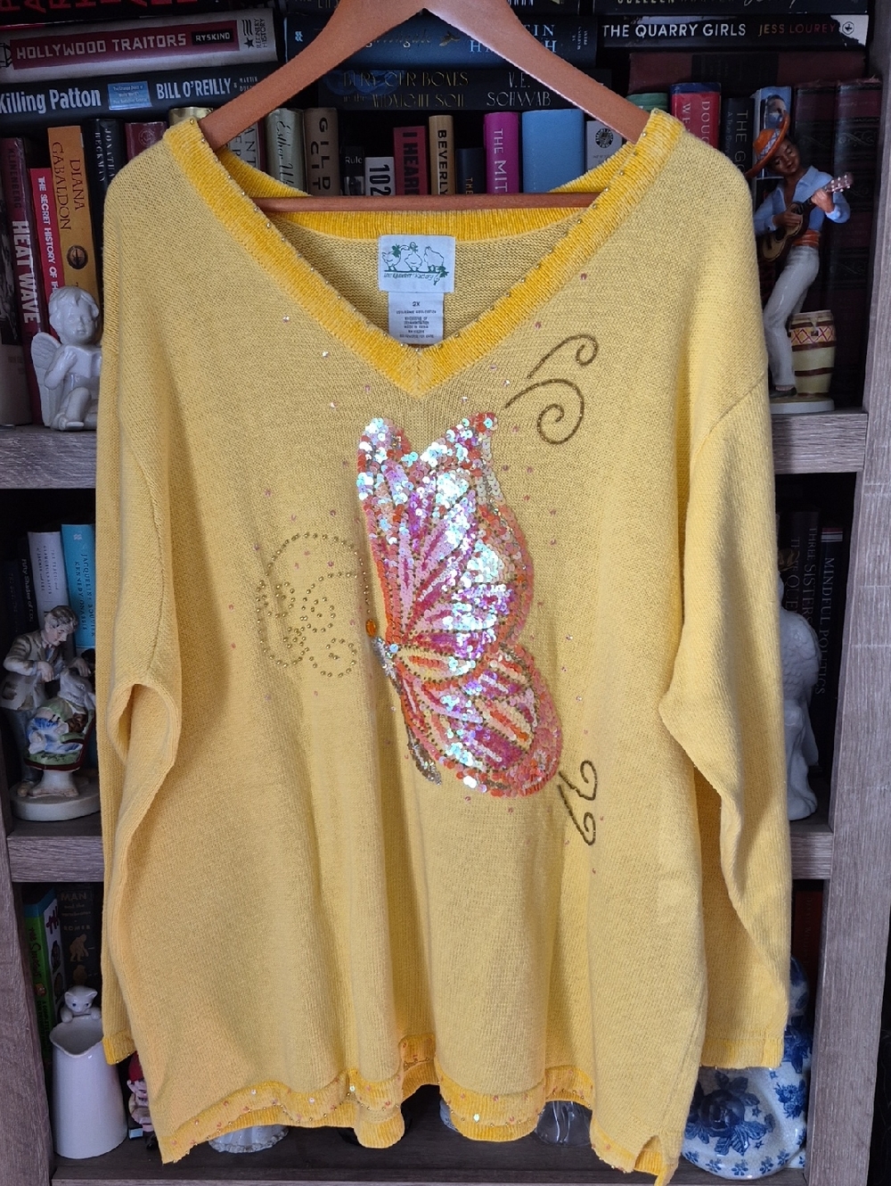 Quacker Factory Yellow V-Neck Sweater with Iridescent Sequin Butterfly